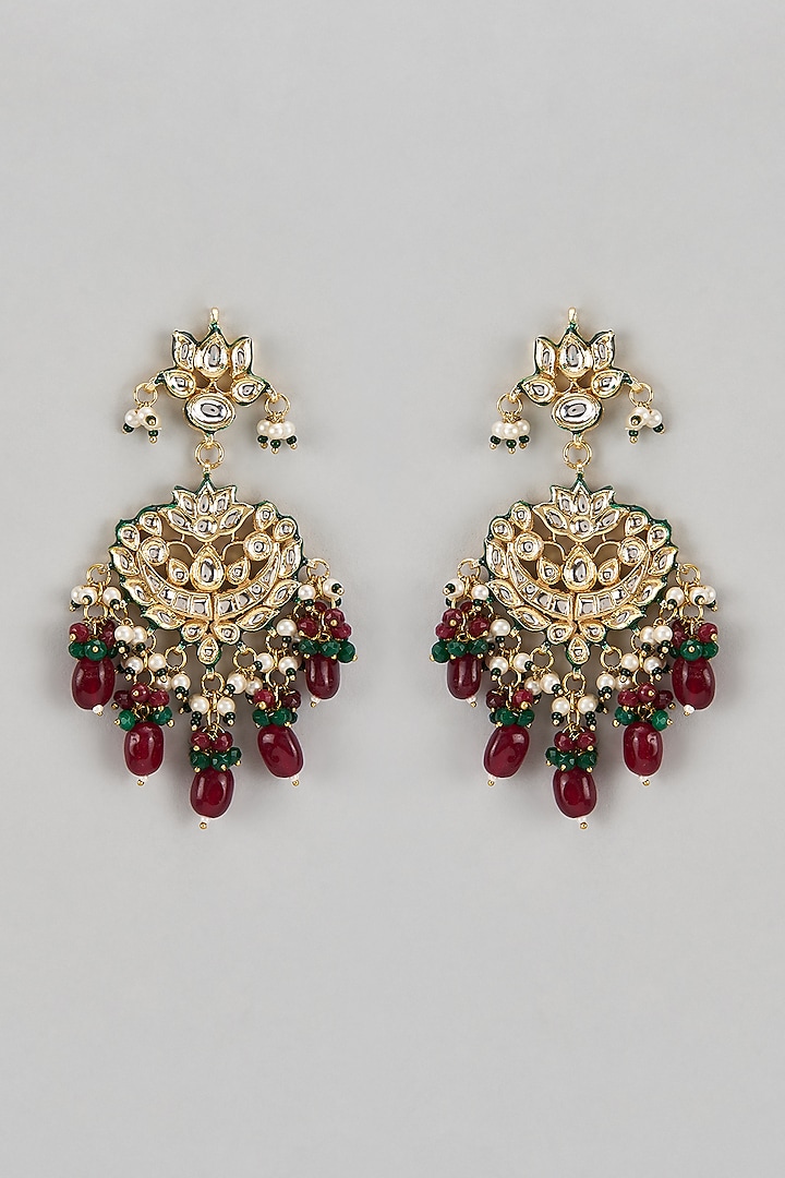 Gold Finish Kundan Polki & Red Stone Chandbaali Earrings by VASTRAA Jewellery at Pernia's Pop Up Shop