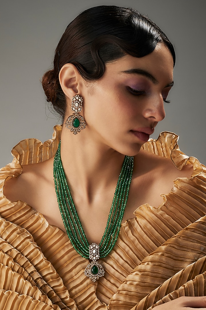 Gold Finish Kundan Polki & Green Stone Long Necklace Set by VASTRAA Jewellery at Pernia's Pop Up Shop