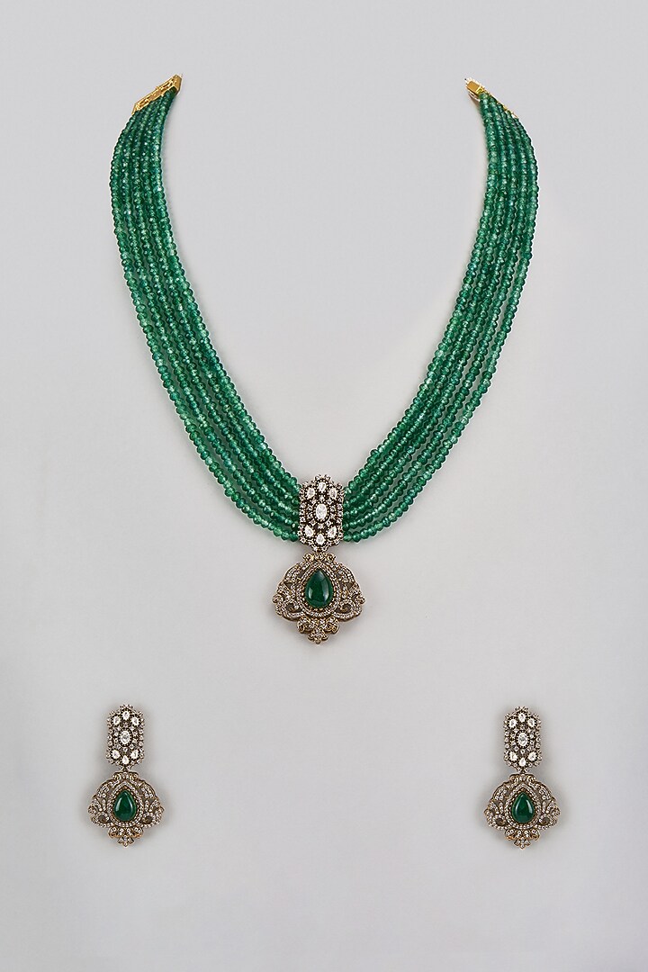 Gold Finish Kundan Polki & Green Stone Long Necklace Set by VASTRAA Jewellery at Pernia's Pop Up Shop