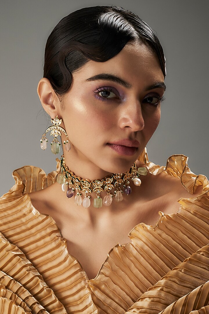 Gold Finish Kundan Polki & Multi-Colored Stone Choker Necklace Set by VASTRAA Jewellery at Pernia's Pop Up Shop