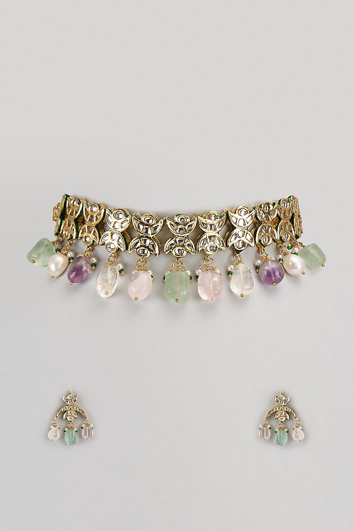 Gold Finish Kundan Polki & Multi-Colored Stone Choker Necklace Set by VASTRAA Jewellery at Pernia's Pop Up Shop