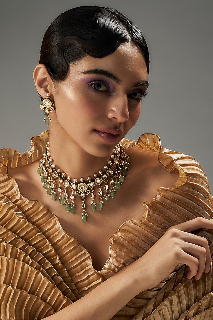 Gold Finish Kundan Polki & Green Stone Necklace Set by VASTRAA Jewellery at Pernia's Pop Up Shop