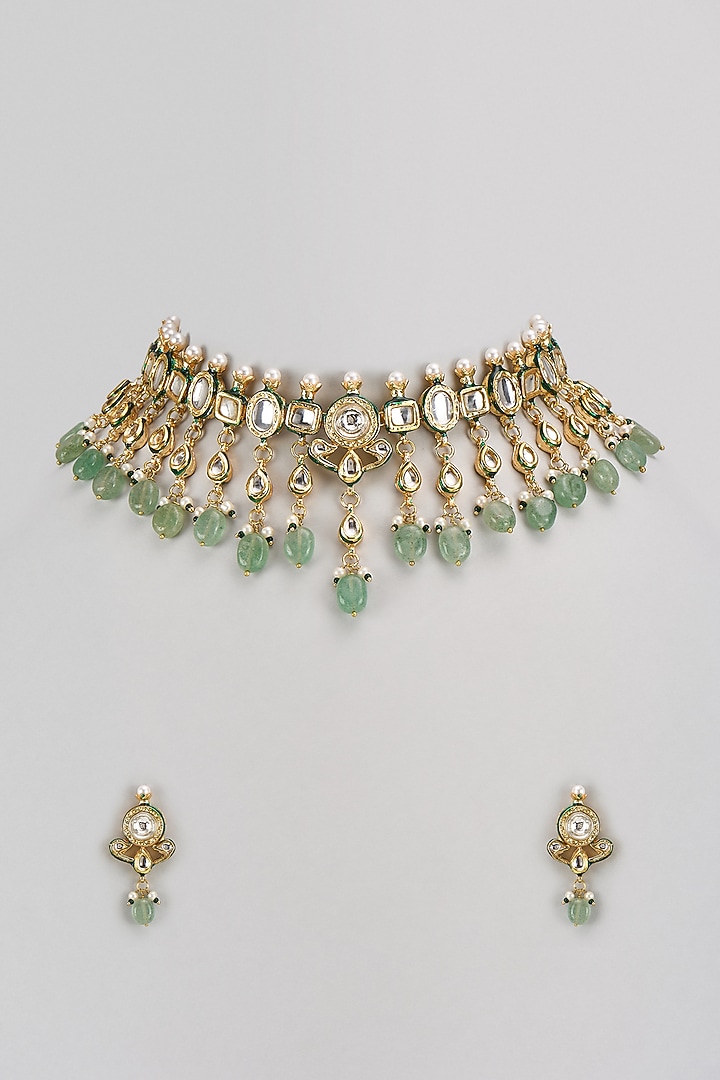 Gold Finish Kundan Polki & Green Stone Necklace Set by VASTRAA Jewellery at Pernia's Pop Up Shop