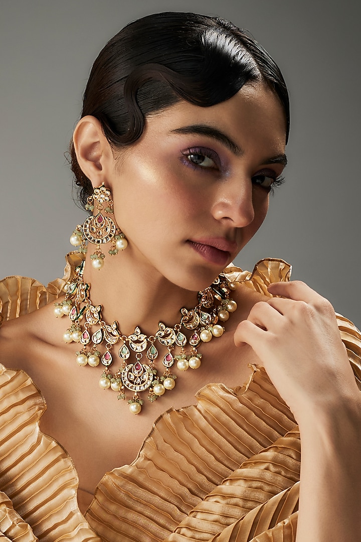 Gold Finish Kundan Polki & Multi-Colored Stone Necklace Set by VASTRAA Jewellery at Pernia's Pop Up Shop