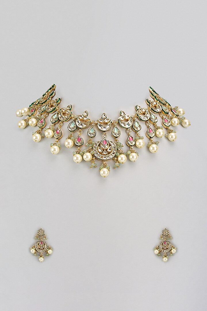 Gold Finish Kundan Polki & Multi-Colored Stone Necklace Set by VASTRAA Jewellery at Pernia's Pop Up Shop