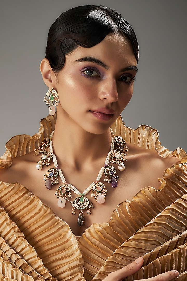 Gold Finish Kundan Polki & Multi-Colored Stone Necklace Set by VASTRAA Jewellery at Pernia's Pop Up Shop