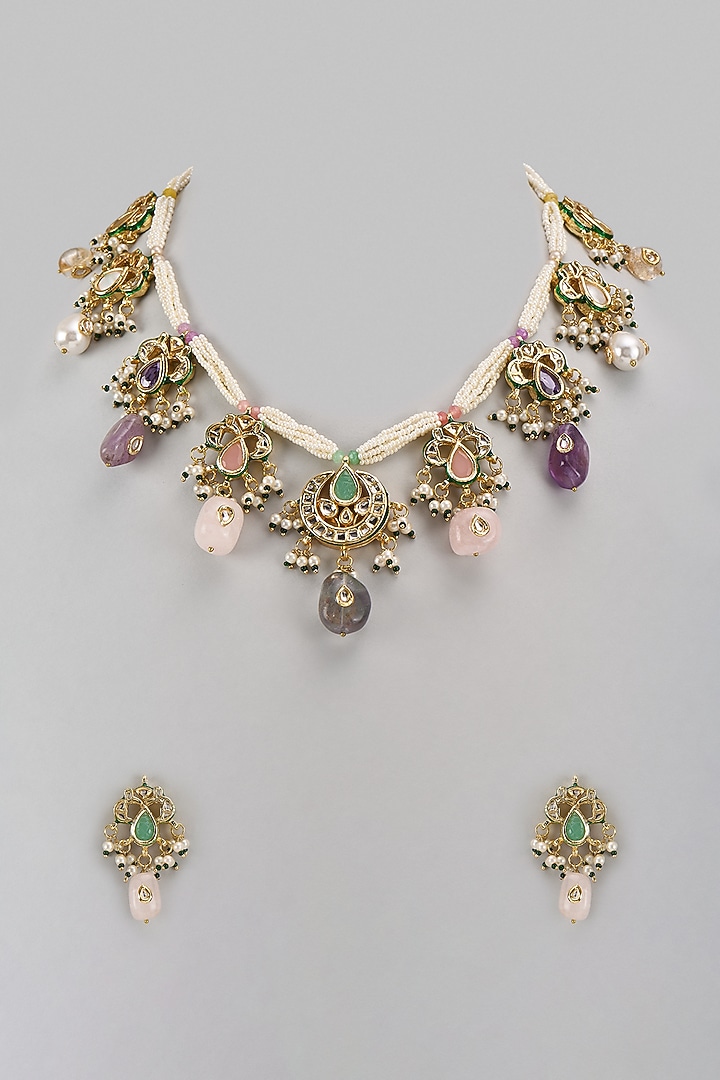 Gold Finish Kundan Polki & Multi-Colored Stone Necklace Set by VASTRAA Jewellery at Pernia's Pop Up Shop
