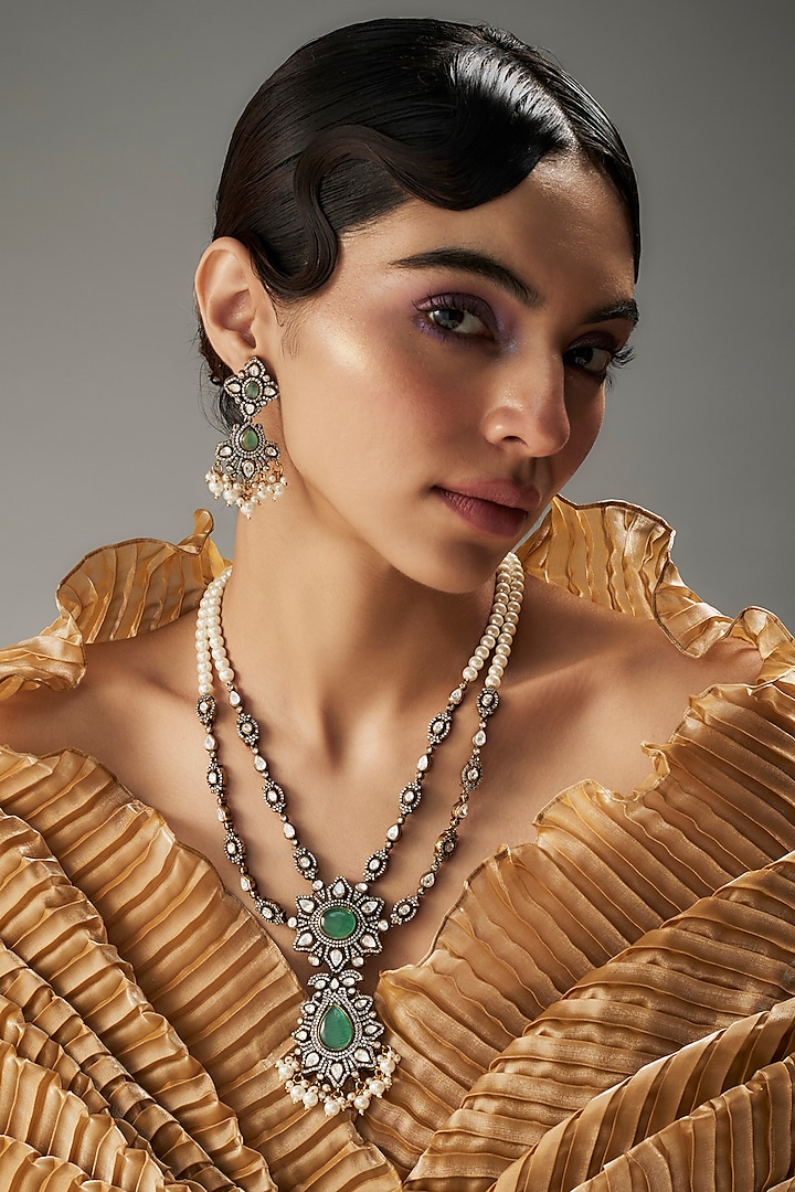 Gold Finish Kundan Polki & Green Stone Long Necklace Set by VASTRAA Jewellery at Pernia's Pop Up Shop