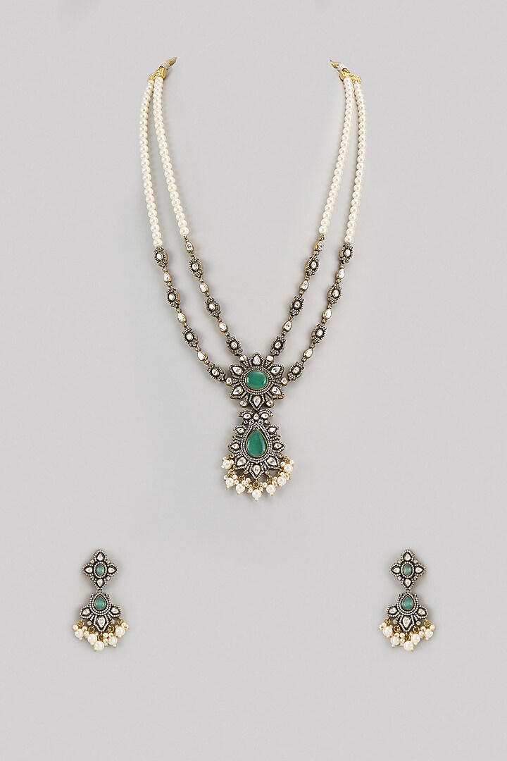 Gold Finish Kundan Polki & Green Stone Long Necklace Set by VASTRAA Jewellery at Pernia's Pop Up Shop