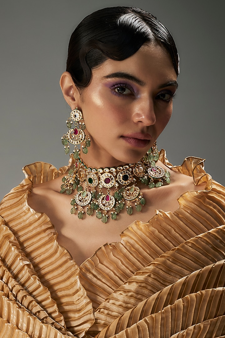 Gold Finish Kundan Polki & Multi-Colored Stone Choker Necklace Set by VASTRAA Jewellery at Pernia's Pop Up Shop