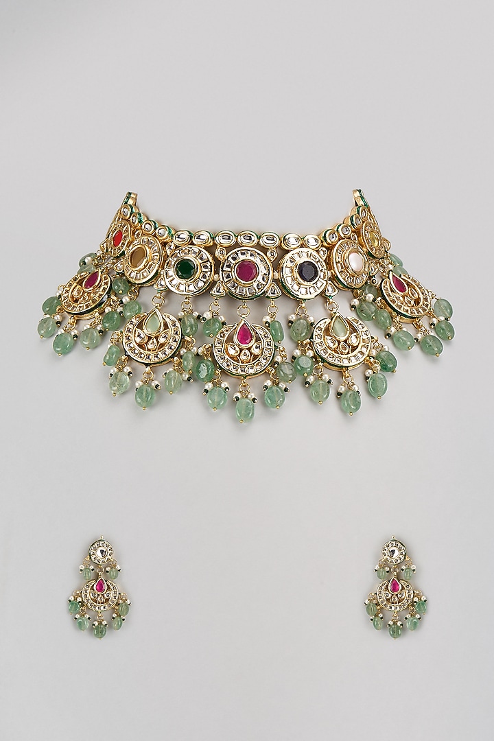 Gold Finish Kundan Polki & Multi-Colored Stone Choker Necklace Set by VASTRAA Jewellery at Pernia's Pop Up Shop