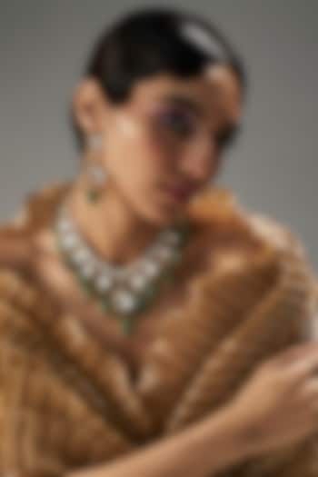 Gold Finish Kundan Polki & Green Stone Necklace Set by VASTRAA Jewellery at Pernia's Pop Up Shop