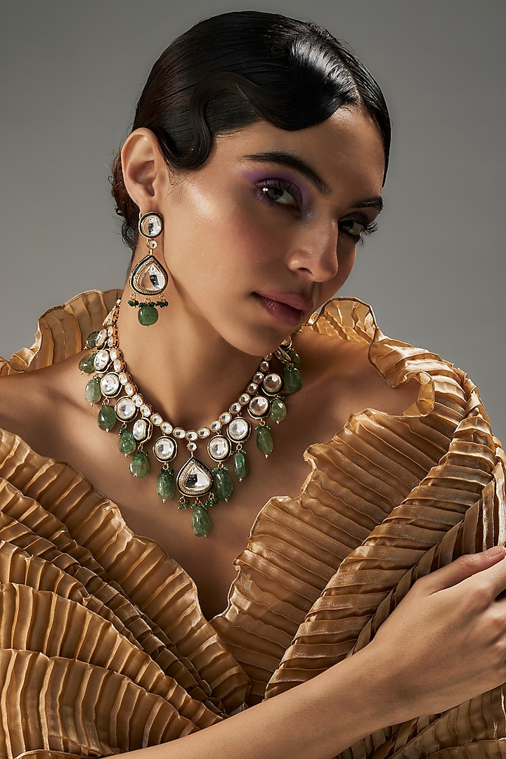 Gold Finish Kundan Polki & Green Stone Necklace Set by VASTRAA Jewellery at Pernia's Pop Up Shop
