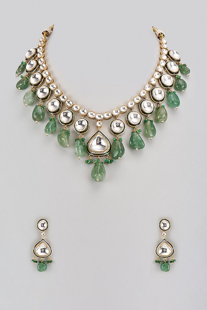 Gold Finish Kundan Polki & Green Stone Necklace Set by VASTRAA Jewellery at Pernia's Pop Up Shop