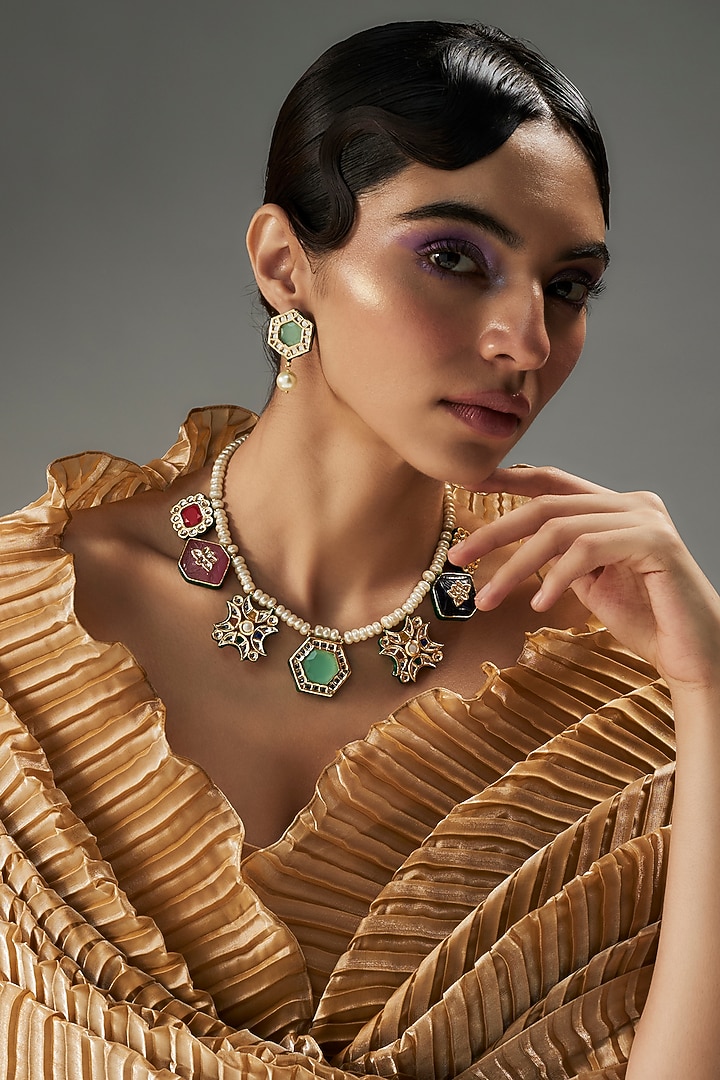 Gold Finish Kundan Polki & Multi-Colored Stone Necklace Set by VASTRAA Jewellery at Pernia's Pop Up Shop