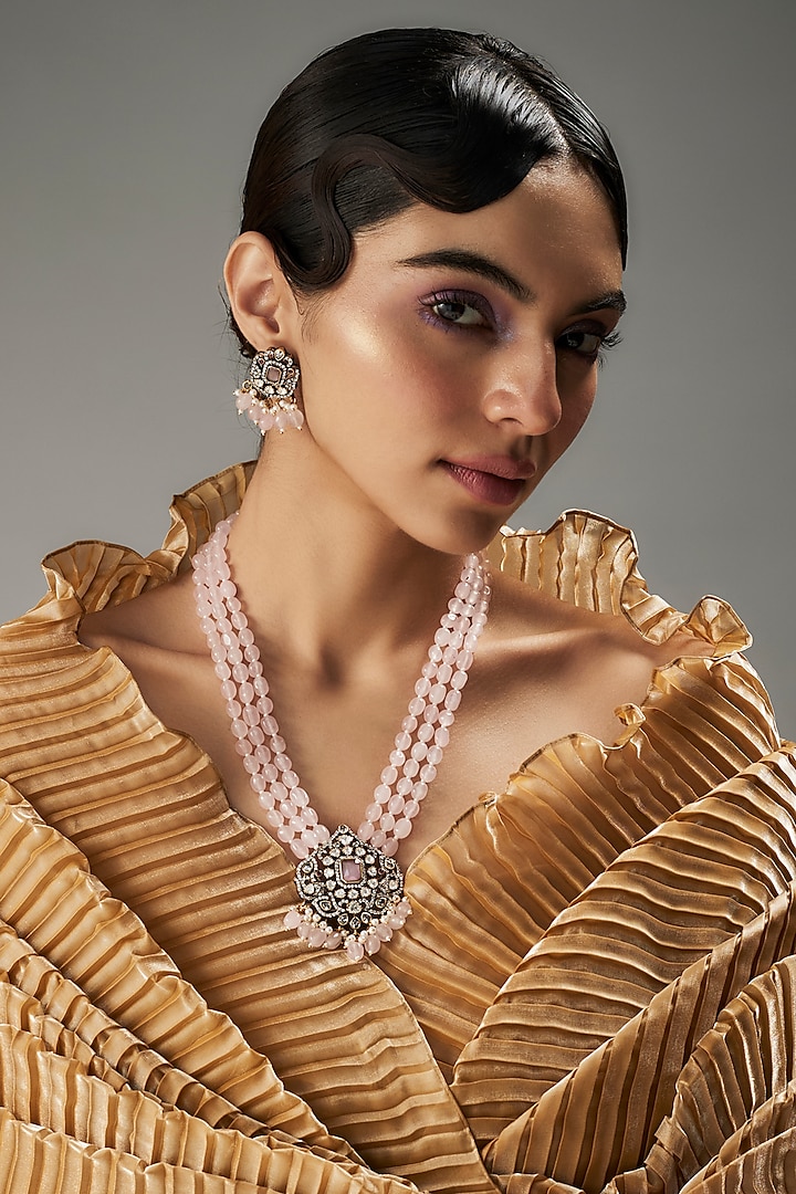 Gold Finish Kundan Polki & Pink Stone Long Necklace Set by VASTRAA Jewellery at Pernia's Pop Up Shop