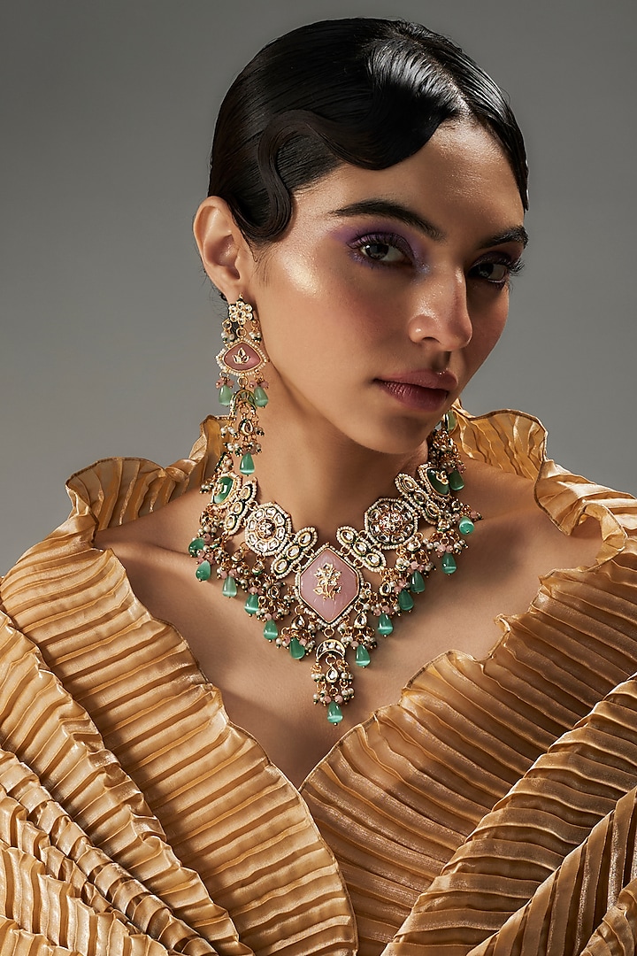 Gold Finish Kundan Polki & Multi-Colored Stone Necklace Set by VASTRAA Jewellery at Pernia's Pop Up Shop