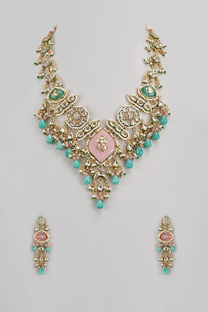 Gold Finish Kundan Polki & Multi-Colored Stone Necklace Set by VASTRAA Jewellery at Pernia's Pop Up Shop