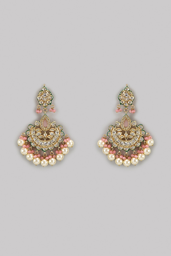 Gold Finish Kundan Polki Chandbaali Earrings by VASTRAA Jewellery at Pernia's Pop Up Shop