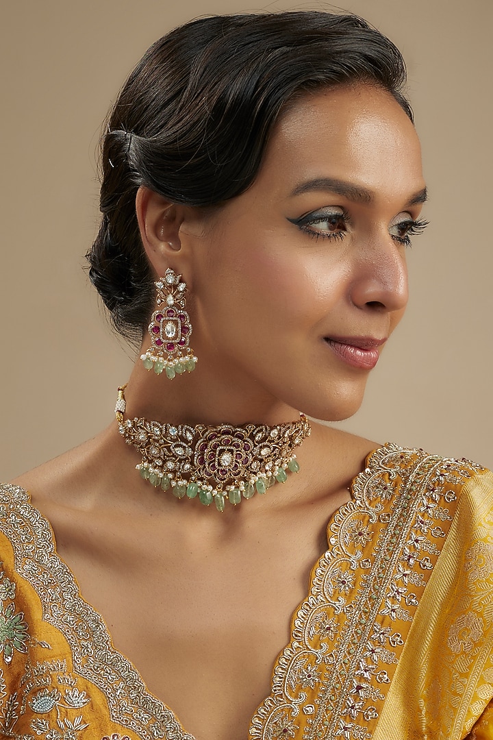 Two-Tone Finish Kundan Polki & Multi-Colored Stone Choker Necklace Set by VASTRAA Jewellery at Pernia's Pop Up Shop