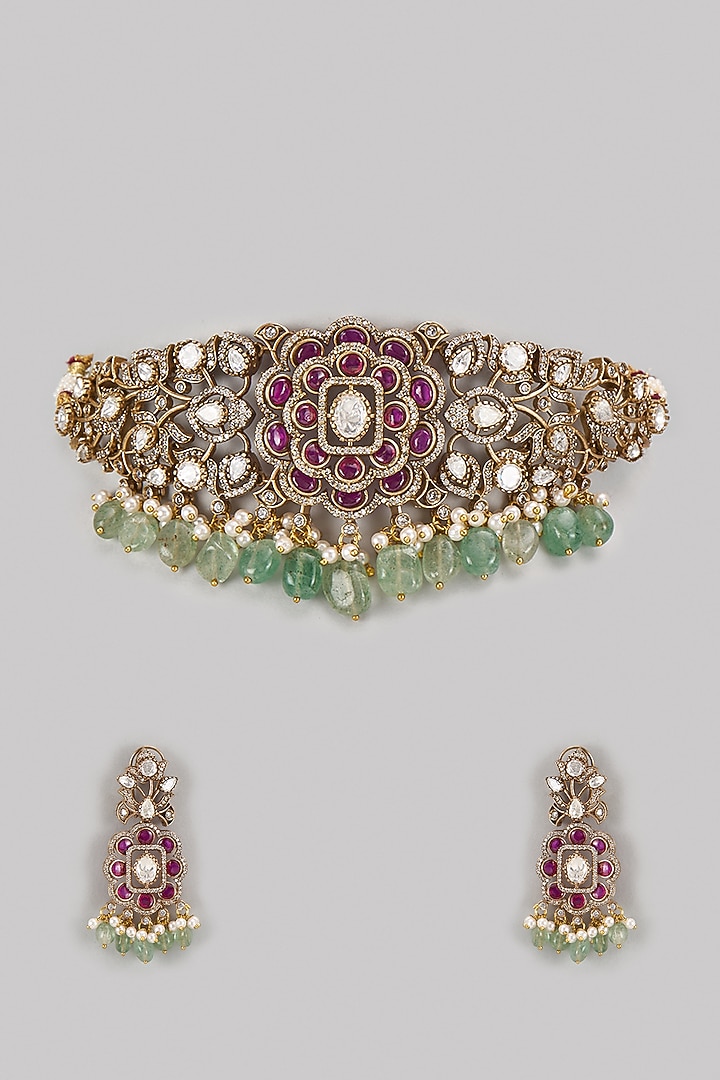 Two-Tone Finish Kundan Polki & Multi-Colored Stone Choker Necklace Set by VASTRAA Jewellery at Pernia's Pop Up Shop
