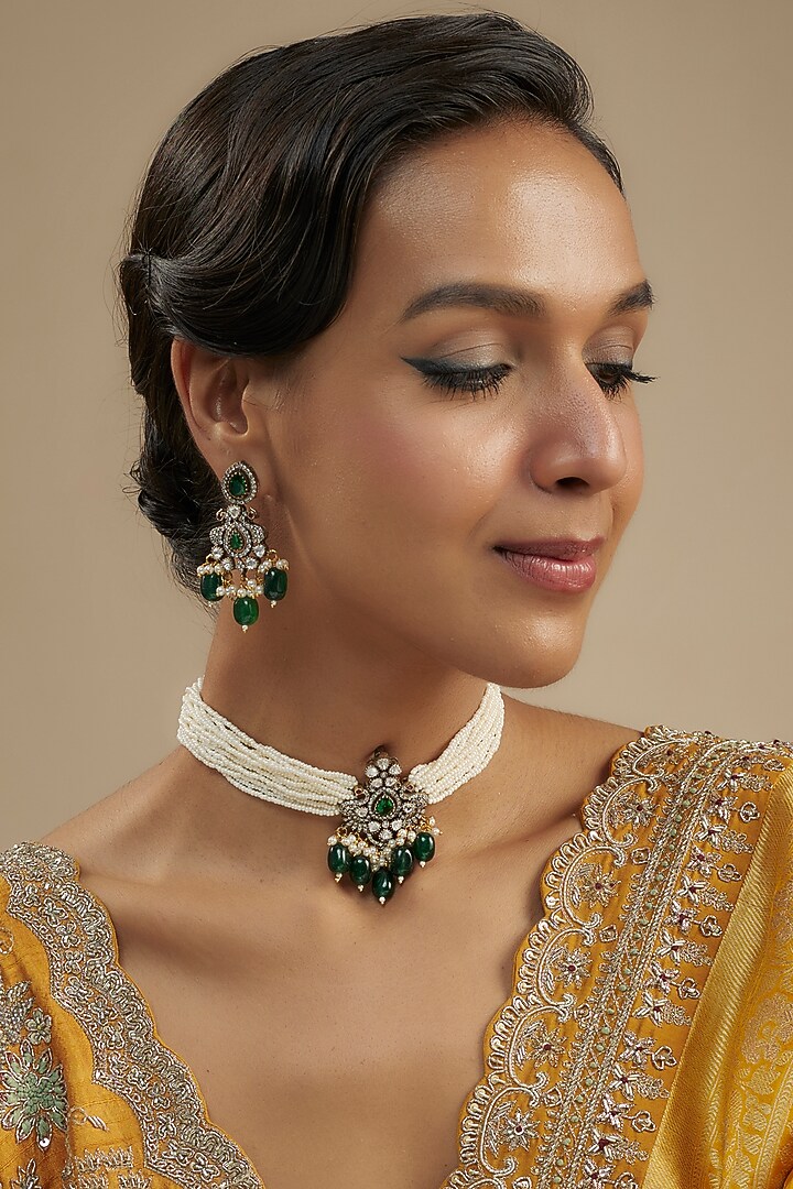 Gold Finish Kundan Polki & Green Stone Choker Necklace Set by VASTRAA Jewellery at Pernia's Pop Up Shop