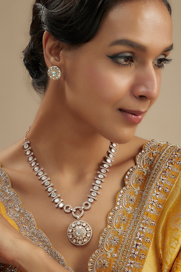 Gold Finish Kundan Polki Long Necklace Set by VASTRAA Jewellery at Pernia's Pop Up Shop