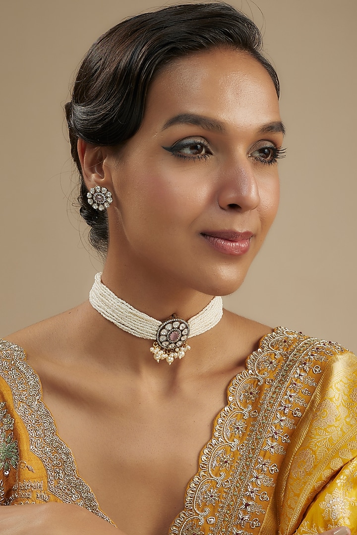 Gold Finish Kundan Polki Choker Necklace Set by VASTRAA Jewellery at Pernia's Pop Up Shop