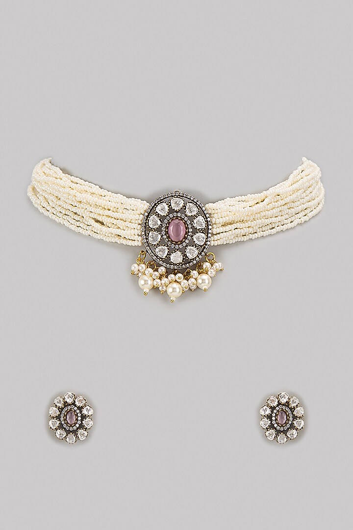 Gold Finish Kundan Polki Choker Necklace Set by VASTRAA Jewellery at Pernia's Pop Up Shop