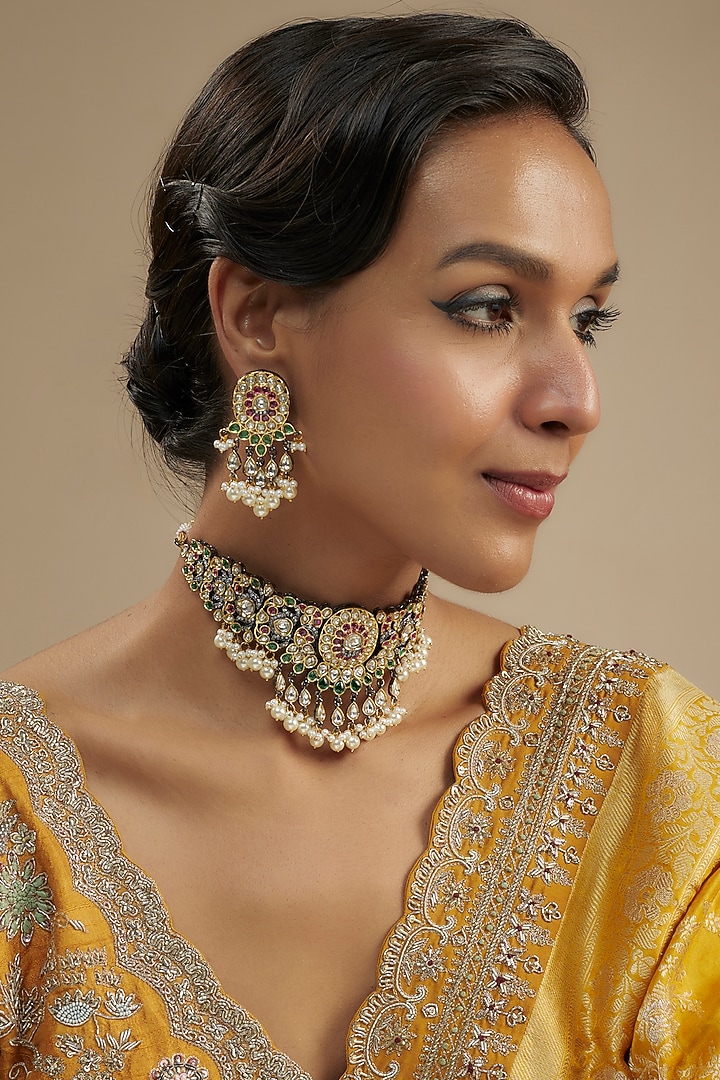 Gold Finish Kundan Polki & Multi-Colored Stone Choker Necklace Set by VASTRAA Jewellery at Pernia's Pop Up Shop