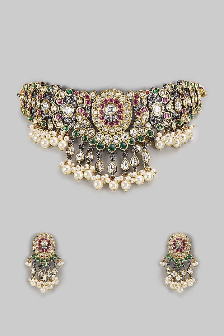 Gold Finish Kundan Polki & Multi-Colored Stone Choker Necklace Set by VASTRAA Jewellery at Pernia's Pop Up Shop