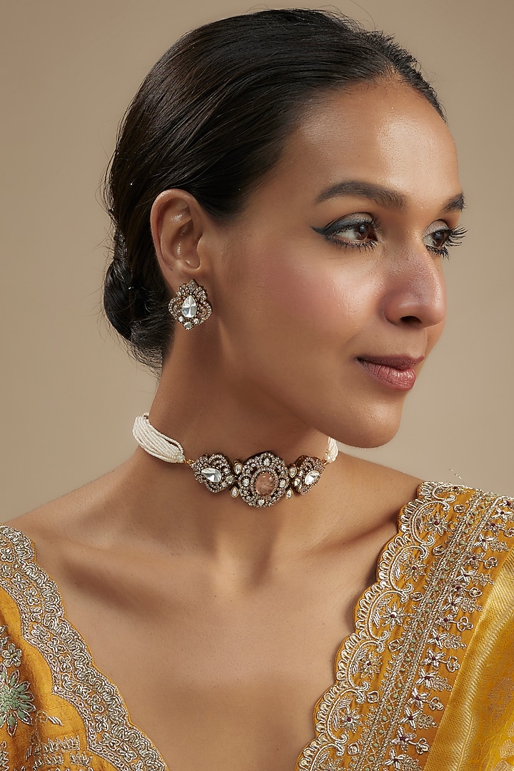 Gold Finish Kundan Polki & Pink Stone Choker Necklace Set by VASTRAA Jewellery at Pernia's Pop Up Shop