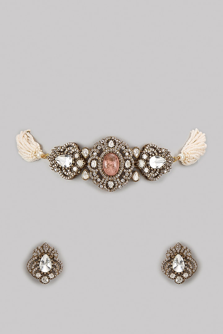 Gold Finish Kundan Polki & Pink Stone Choker Necklace Set by VASTRAA Jewellery at Pernia's Pop Up Shop