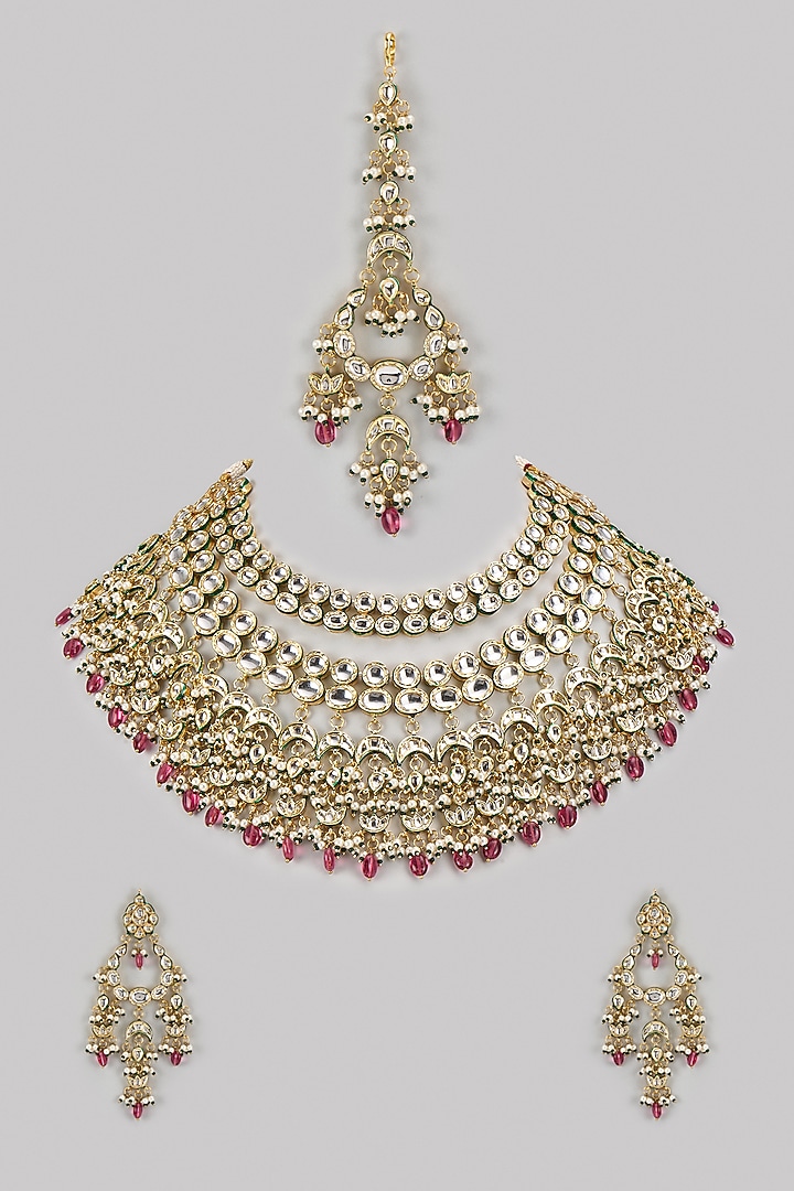 Gold Finish Kundan Polki & Ruby Stone Necklace Set by VASTRAA Jewellery at Pernia's Pop Up Shop