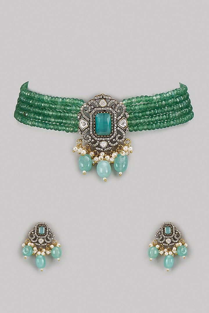 Gold Finish Kundan Polki & Green Stone Choker Necklace Set by VASTRAA Jewellery at Pernia's Pop Up Shop