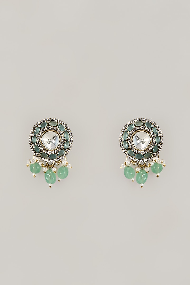 Gold Finish Jade Stone Stud Earrings by VASTRAA Jewellery at Pernia's Pop Up Shop