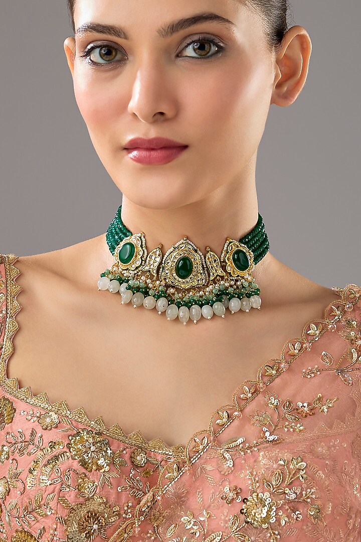 Gold Finish Emerald Synthetic Stone Choker Necklace by VASTRAA Jewellery at Pernia's Pop Up Shop