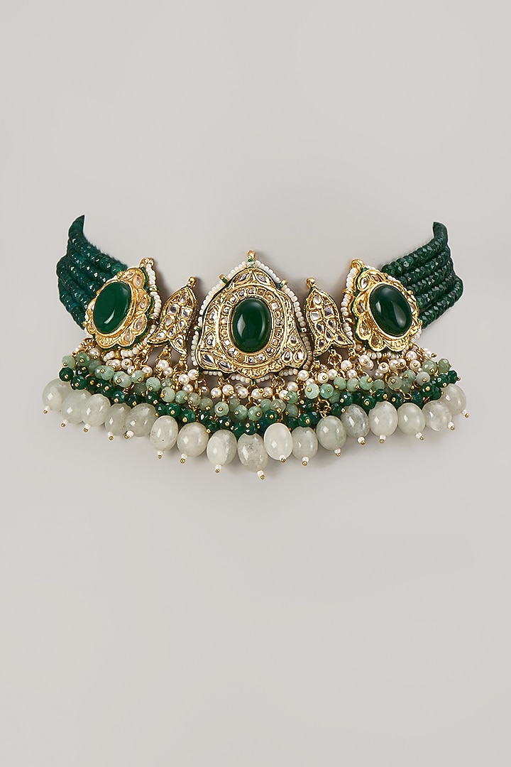 Gold Finish Emerald Synthetic Stone Choker Necklace by VASTRAA Jewellery at Pernia's Pop Up Shop