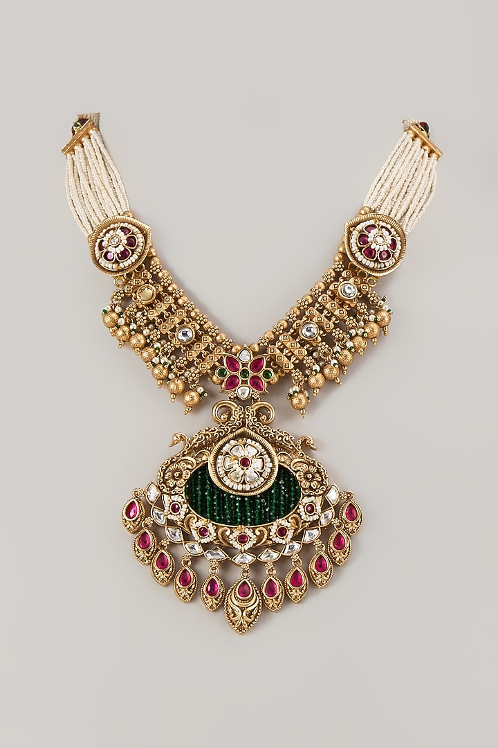 Gold Finish Multi-Colored Stone Long Necklace by VASTRAA Jewellery at Pernia's Pop Up Shop