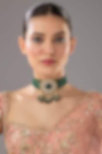 Gold Finish Emerald Synthetic Stone Choker Necklace by VASTRAA Jewellery at Pernia's Pop Up Shop
