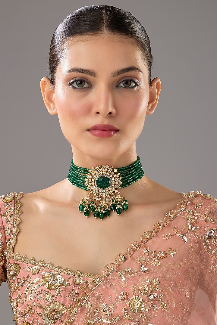 Gold Finish Emerald Synthetic Stone Choker Necklace by VASTRAA Jewellery at Pernia's Pop Up Shop