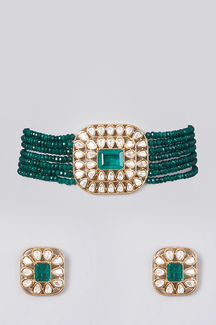 Gold Finish Kundan Polki & Green Beaded Choker Necklace Set by VASTRAA Jewellery at Pernia's Pop Up Shop