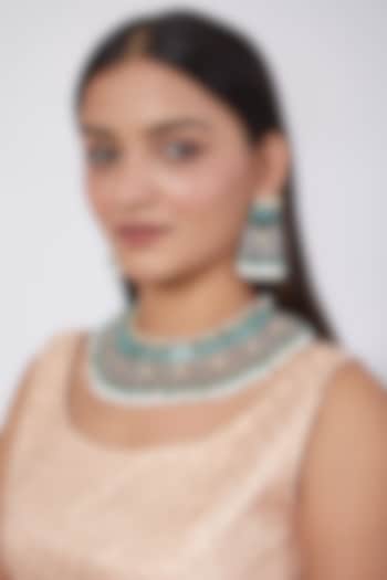 Two Tone Finish Pearl & Pastel Blue Stone Choker Necklace Set by VASTRAA Jewellery