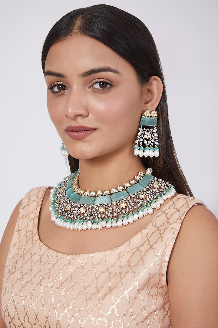 Two Tone Finish Pearl & Pastel Blue Stone Choker Necklace Set by VASTRAA Jewellery