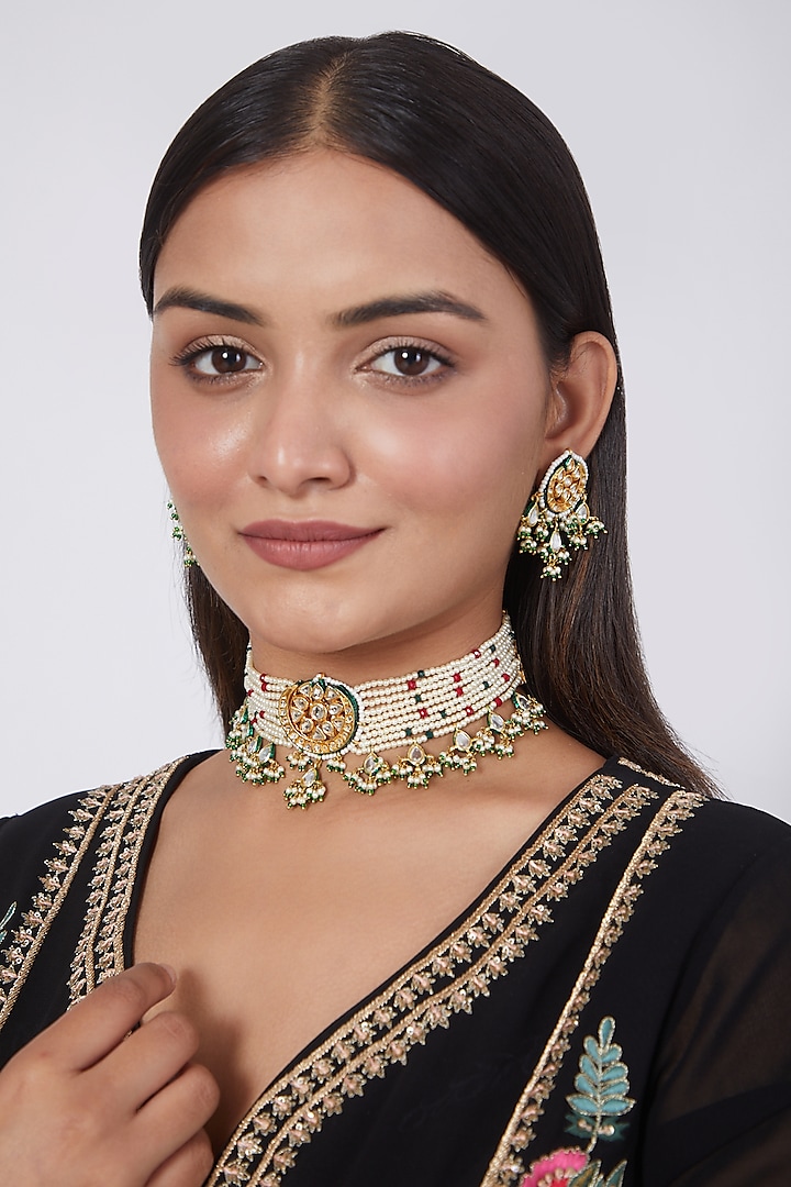 Gold Finish Pearl & Kundan Polki Choker Necklace Set by VASTRAA Jewellery