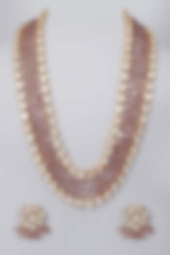 Gold Finish Mauve Beaded Long Necklace Set by VASTRAA Jewellery