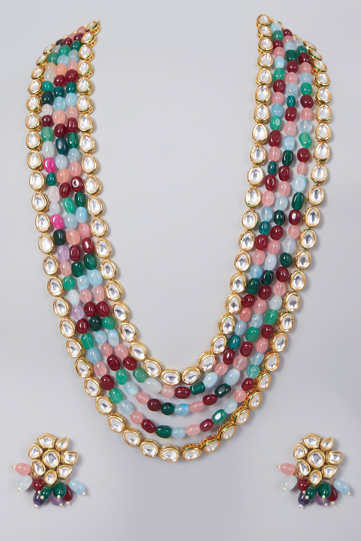 Green And Red Beaded Multi Layered Necklace Set 435JW16