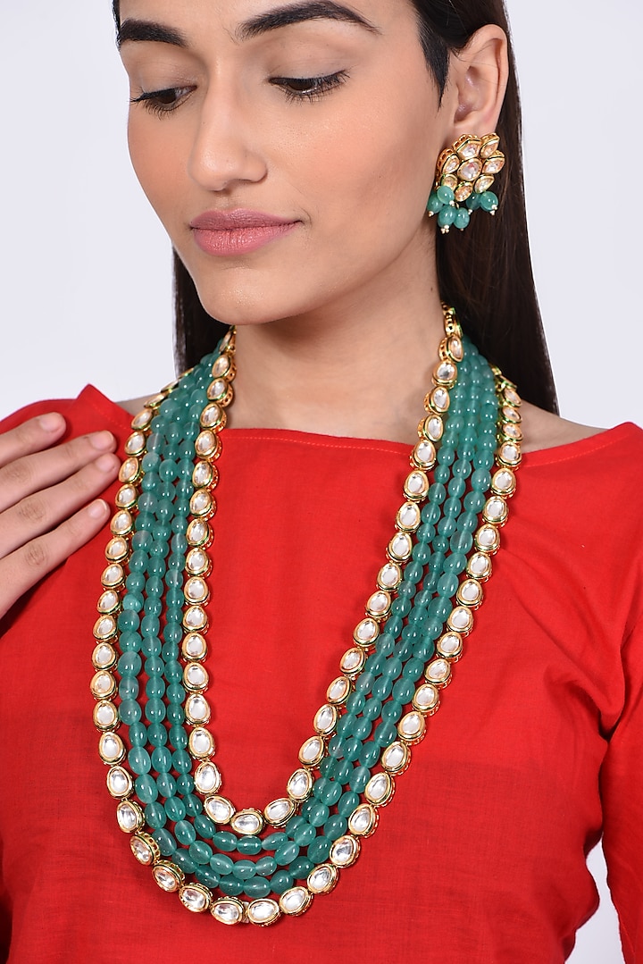 Gold Finish Kundan Polki & Turquoise Beaded Layered Necklace Set by VASTRAA Jewellery