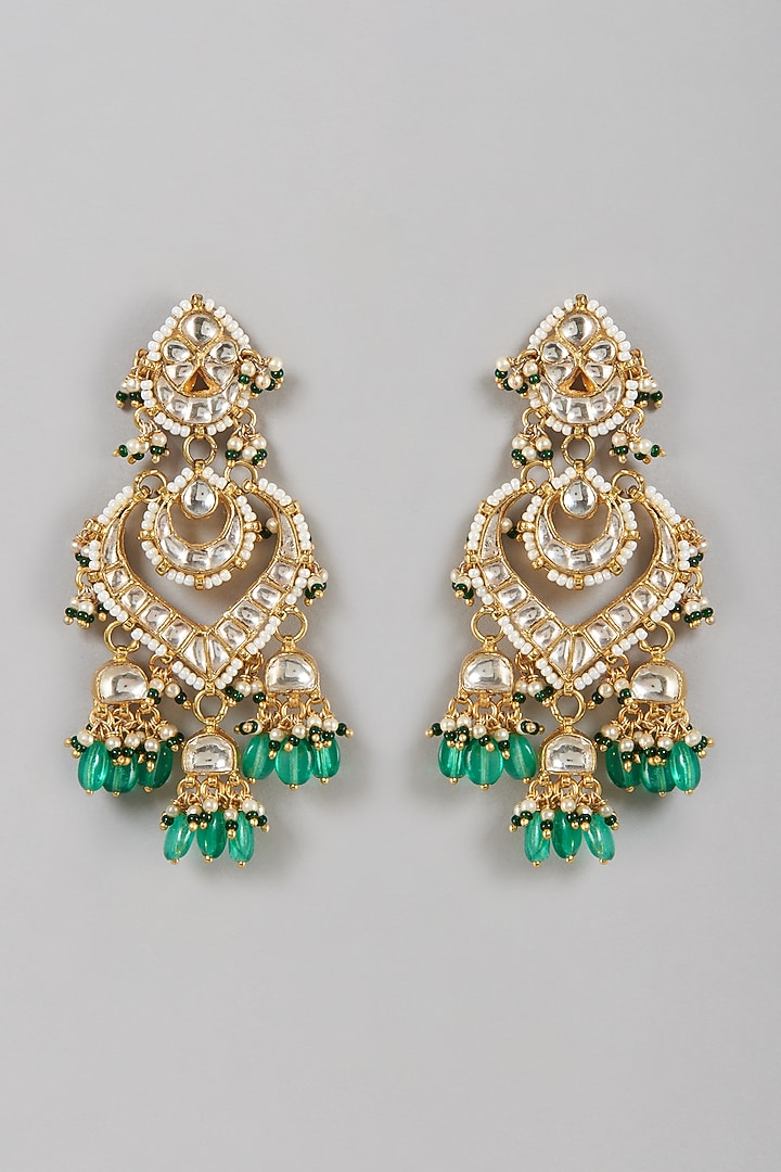 Gold Finish Kundan Polki & Green Beaded Dangler Earrings by VASTRAA Jewellery at Pernia's Pop Up Shop