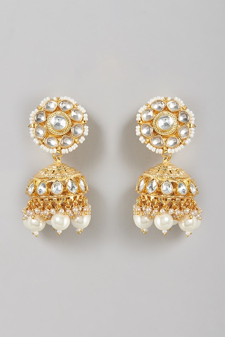 Gold Finish Kundan Polki & Pearl Dangler Earrings by VASTRAA Jewellery at Pernia's Pop Up Shop